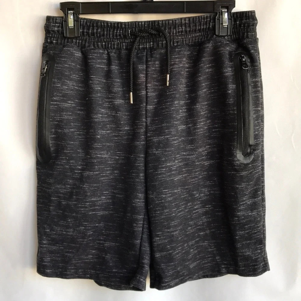 Pony men’s black / white heather drawstring shorts with front zipper pockets, S